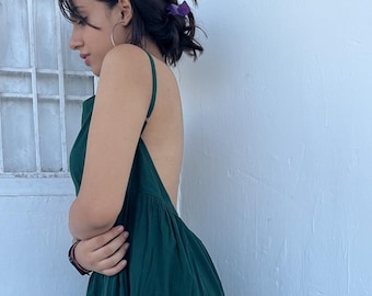 Backless maxi dress - solid green dress - long maxi dress