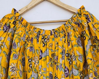 Women's Floral Block Print Ruffle blouse - ruffle neck off-shoulder blouse, block print blouse
