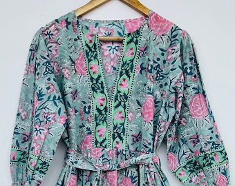 Floral Cotton Maxi Dress: Hand Block Print Boho Gown