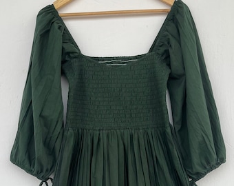 Robe froncée unie vert foncé | robes indiennes en coton | robe bohème en coton