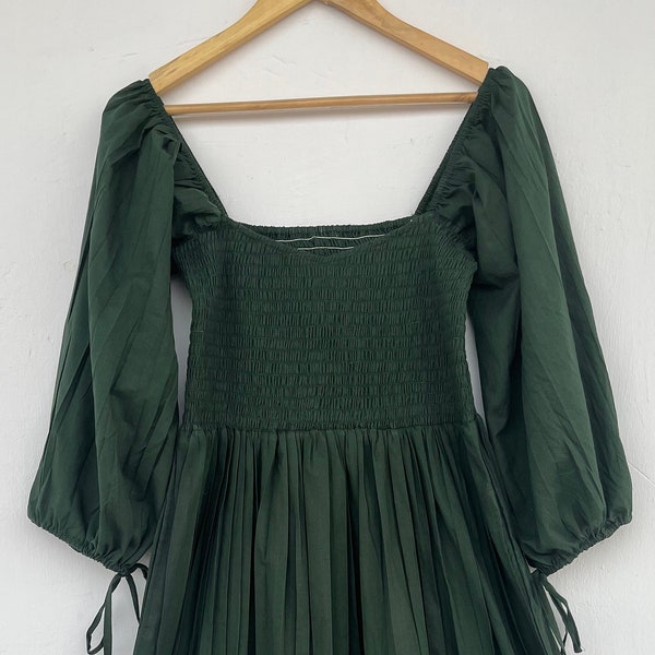 Robe froncée unie vert foncé | robes indiennes en coton | robe bohème en coton