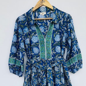 Floral Cotton Maxi Dress: Bohemian Hand Block Print Collar Gown