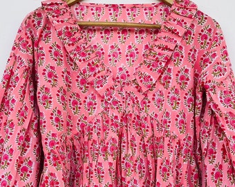 Pink floral mini skirt, 100% cotton hand block printed dress