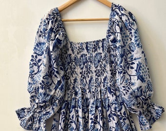 Blau bedrucktes Maxi | Hand Block Print Kleid | gesmoktes Maxikleid