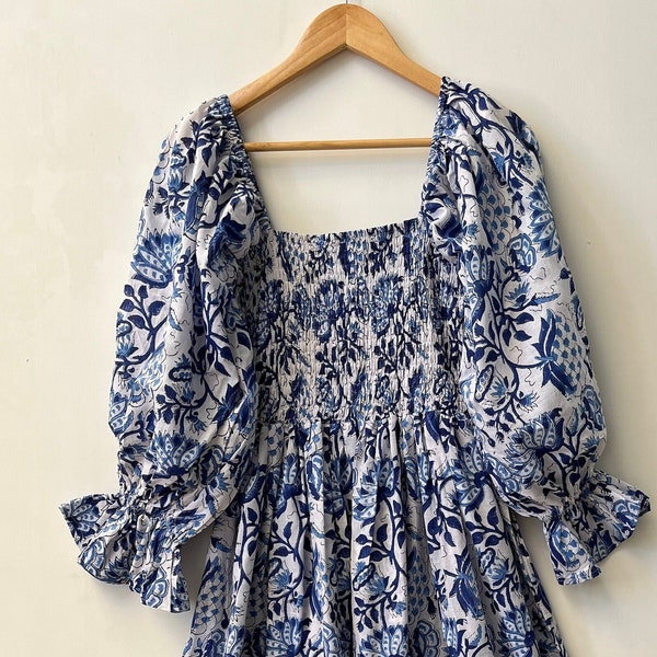 Blue printed maxi | hand block print dress | smocked maxi dress