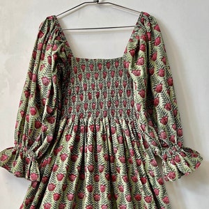 Hand block printed dress | green and pink floral long dress | smocked dress | unique sleeves style long dress