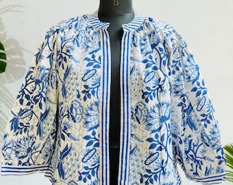 Bohemian Cotton Jacket - Women Floral Printed  jacket - Blue Printed Vintage Jackets