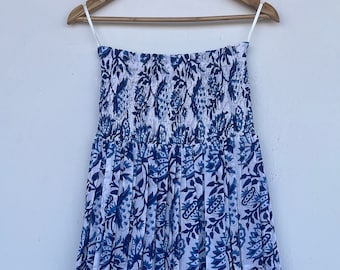 Women&#39;s Smocked Waist Peasant  Skirt, Tiered Skirt, Natural Fiber Cotton Boho Skirt, blue floral skirt