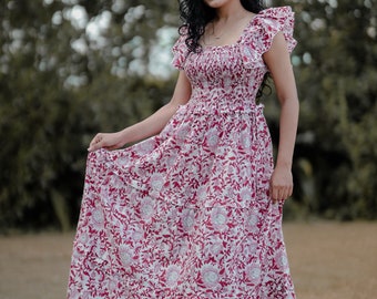 Indian cotton maxi dress | hand block printed boho maxi | smocking yoke dress