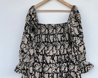 Black Block Print Cotton Maxi Dress: Smocked Boho Long Dress