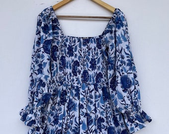 Beautiiful Blue floral printed long maxi | hand block printed dress | smocked dresses | bohemian maxi dress