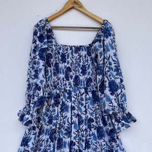 Beautiiful Blue floral printed long maxi | hand block printed dress | smocked dresses | bohemian maxi dress