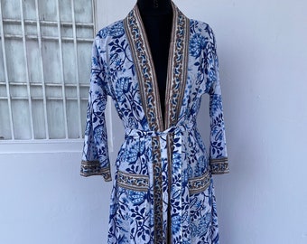 Hand block printed cotton robe | cotton kimono dress | women coverups with belt