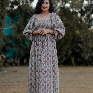 Cotton maxi dress | hand block printed maxi | floral long dress | smocked maxi dress