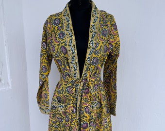 Yellow floral robes | cotton kimono robes | block printed robe | robe with pockets