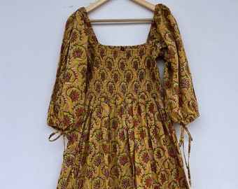 Hand block printed long maxi | cotton bohemian maxi | yellow floral printed dress