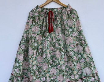 Jupe en coton | jupes florales imprimées à la main | jupe longue avec string | jupes imprimées | bas confortables