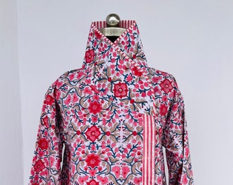 Pink & RedFloral Printed Jacket | Bohemian Cotton Jacket | Printed Vintage Jackets | Unique Collar Pattern Jacket