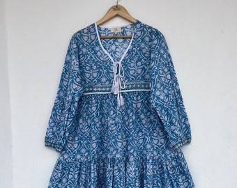 Stylish Cotton Navy Blue & Orange Floral Dress - Casual Long Sleeves  Decorative With Tassels Maxi - Boho Long Dress - Etsy