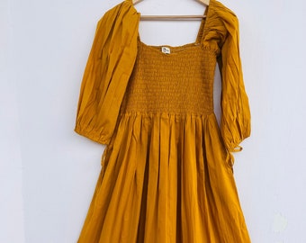 Vestido largo amarillo mostaza / vestido liso fruncido / maxi largo / vestido bohemio 100% algodón