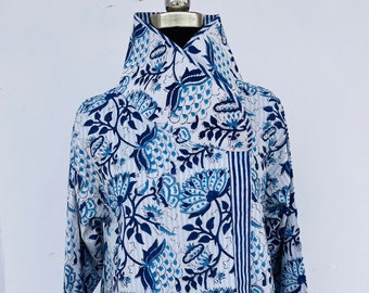 Bohemian Cotton Jacket | women floral printed jacket | blue printed vintage jackets | unique collar pattern jacket