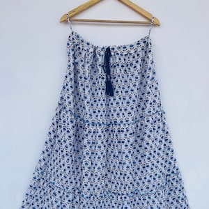 Blue ditsy floral skirt | cotton block printed skirt | floral adjustable waist string skirts | women&#39;s bottom wear