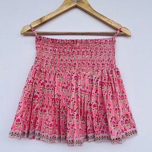 Block printed skirt | cotton short skirts | boho pink printed skirt | tennis skirts | shirred belt skirts
