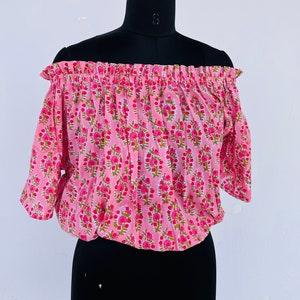 Cotton ruffle top | cotton floral printed blouse | off-shoulder tops | block printed blouse