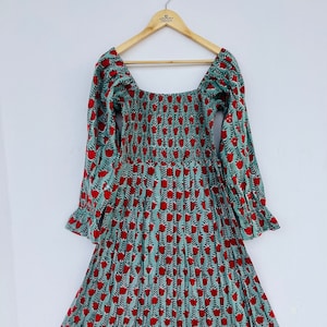 Red floral printed long maxi | hand block printed dress | smocked dresses | bohemian maxi dress