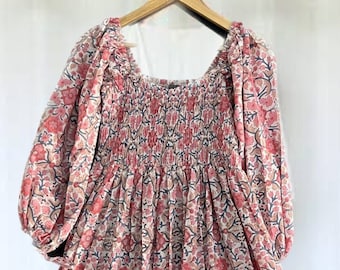 Hand block print dress - smocked dress - pink print boho long maxi