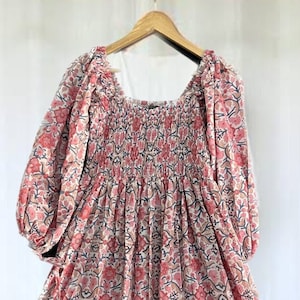 Hand block print dress - smocked dress - pink print boho long maxi