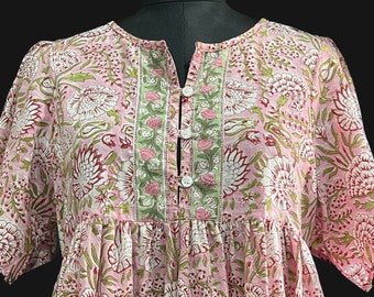 Button-up cotton mini dress, hand block printed mini dress