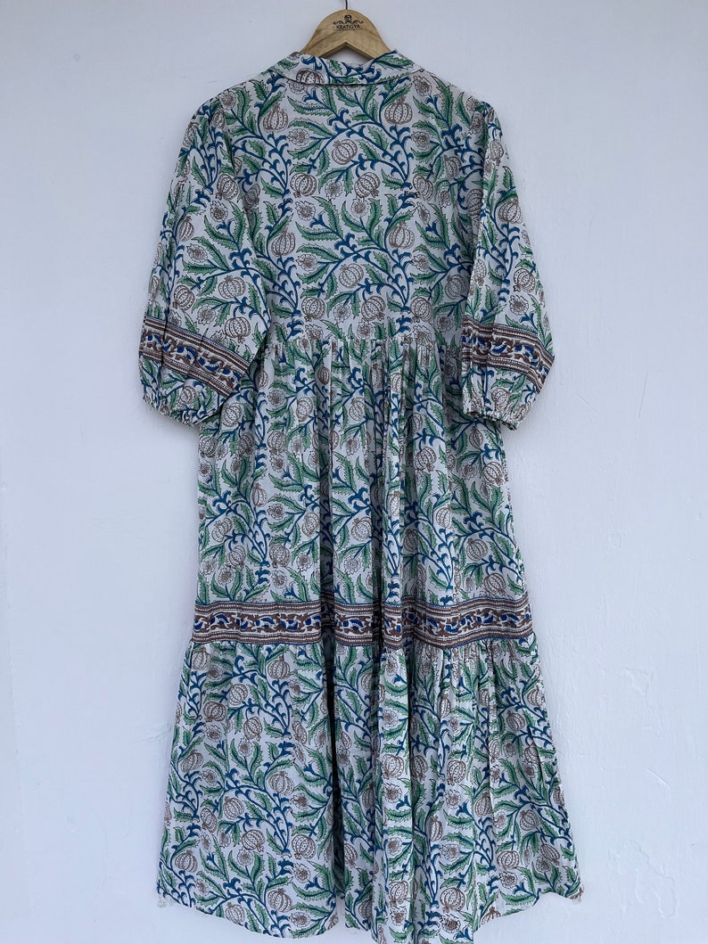 Green Floral Hand Block Printed Cotton Sleeveless Maxi Dress – Boho Tassel Tiered Dress