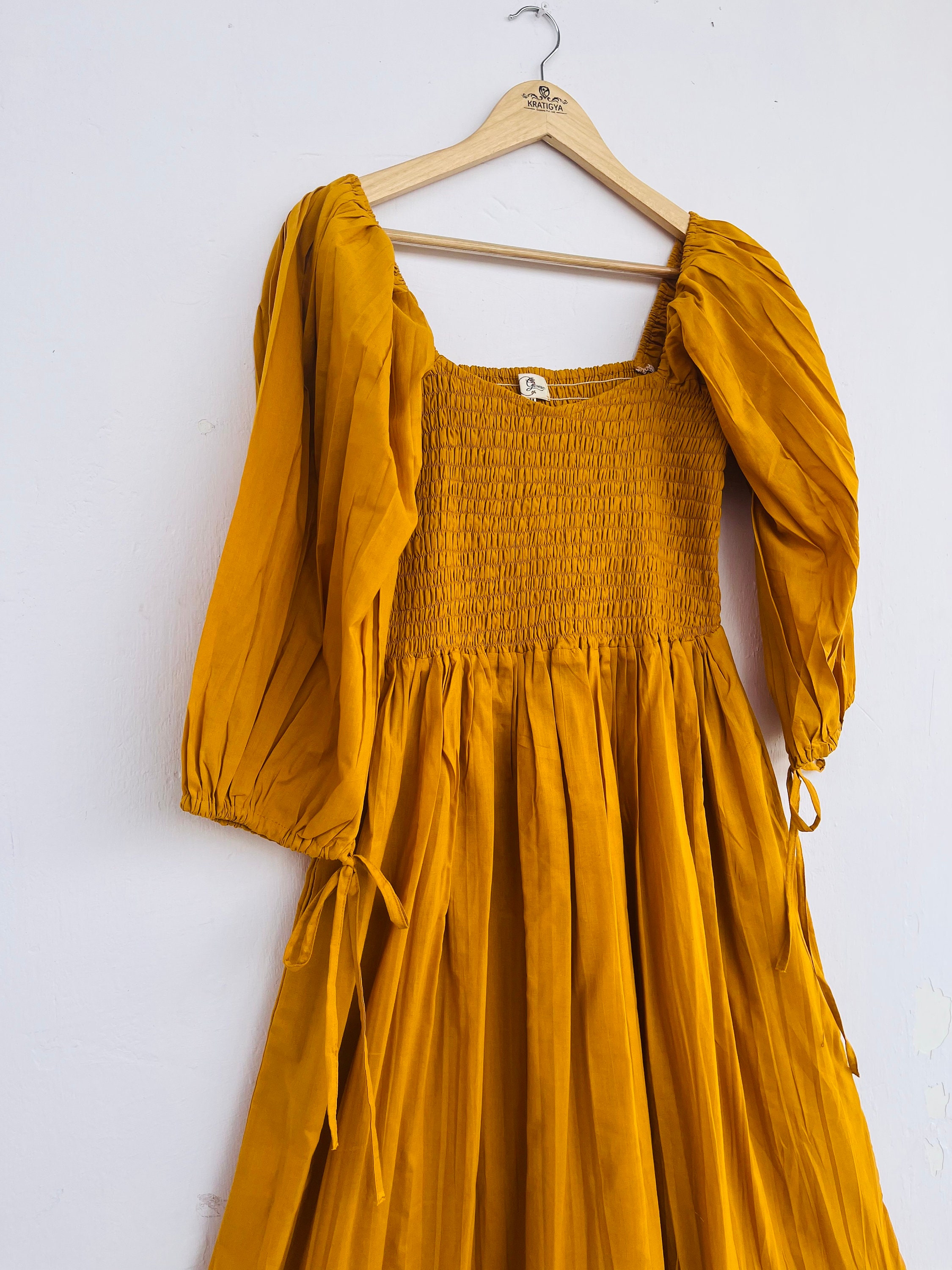 Musturd Yellow Maxi Dress | Solid Shirred Dress | Long Maxi