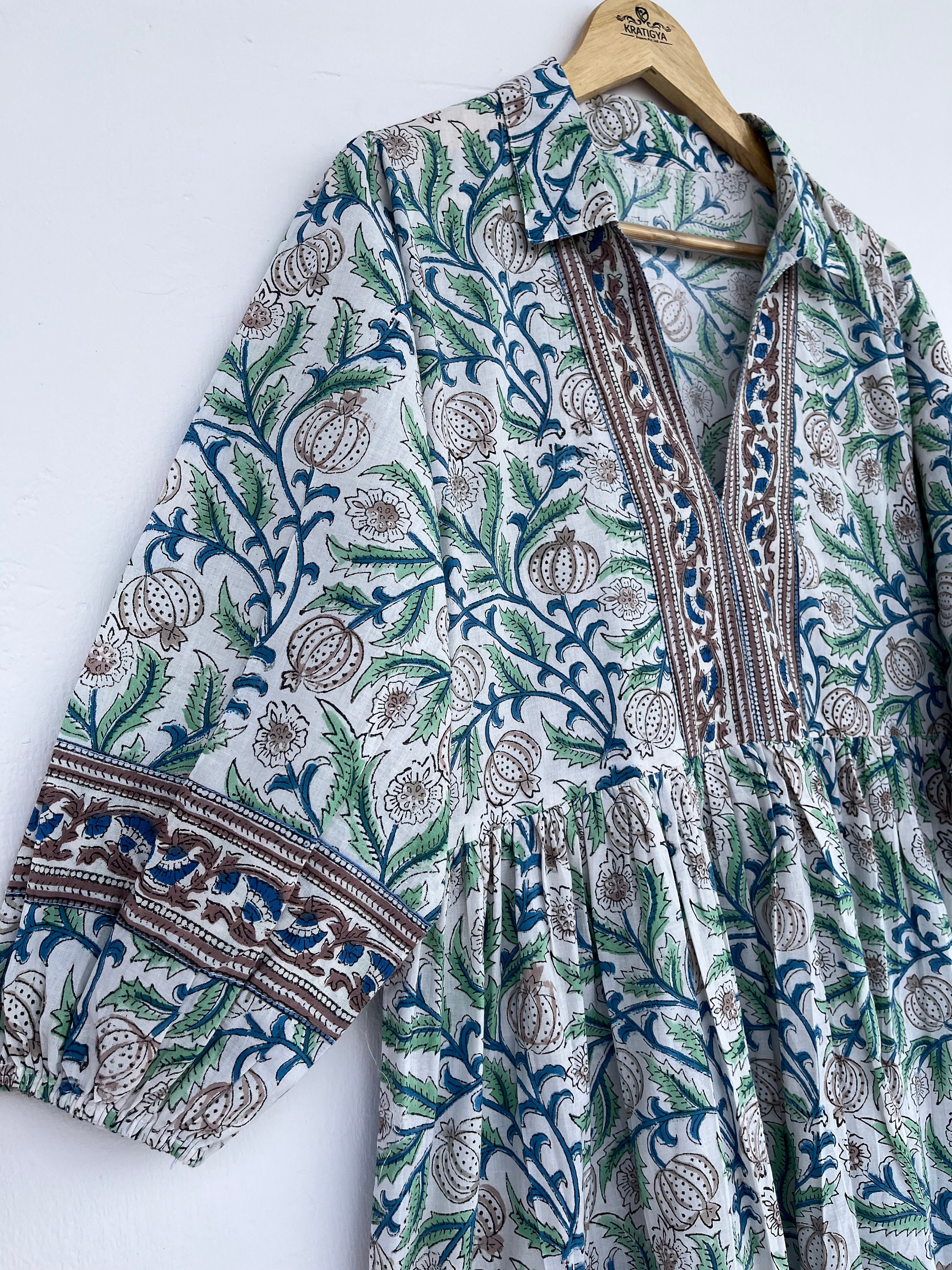 Green Floral Hand Block Printed Cotton Mini Dress – Boho Tassel Dress
