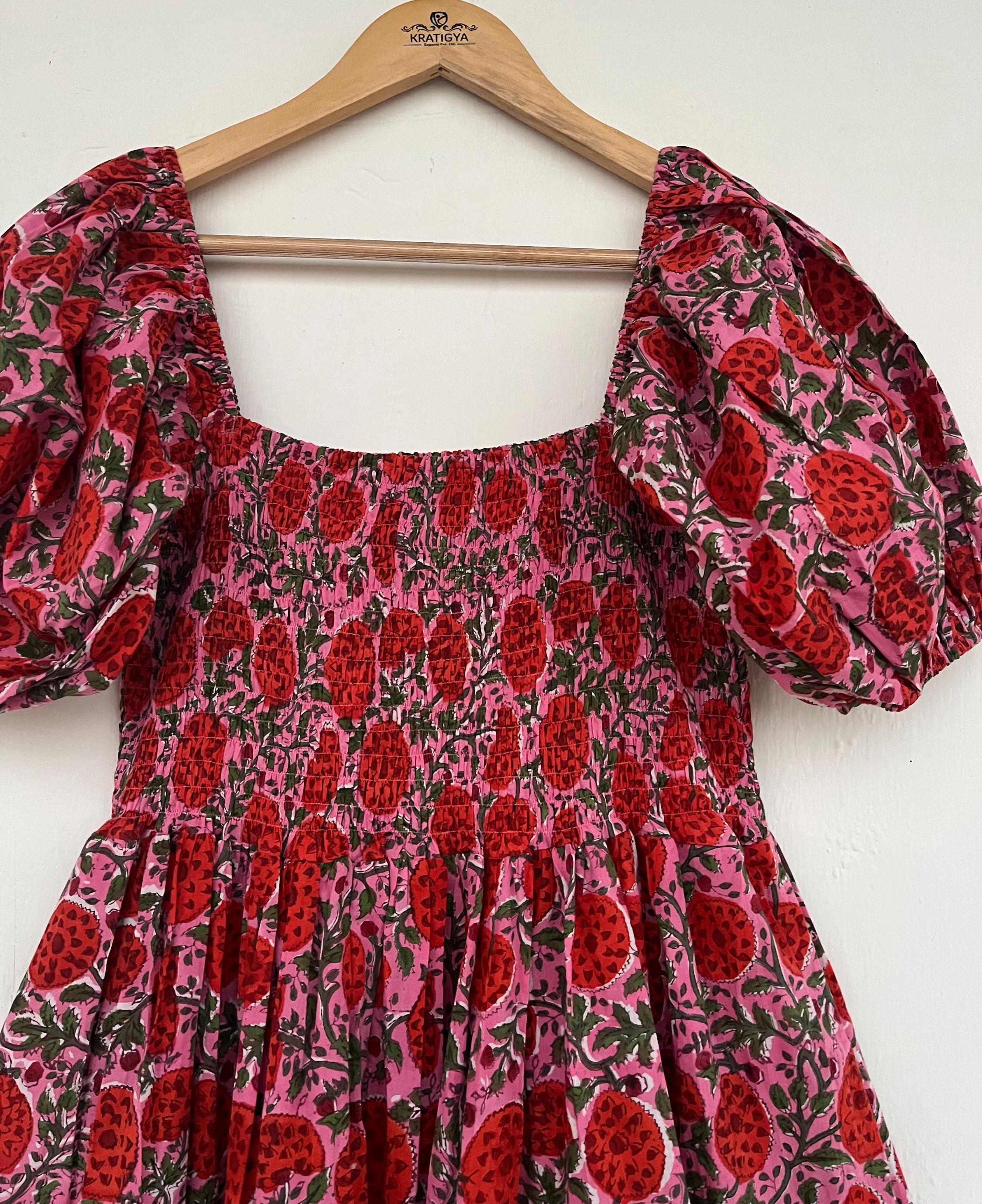 Red and pink printed long maxi - puff sleeve maxi dress - shirred floral dress Red and pink printed long maxi - puff sleeve maxi dress - shirred floral dress