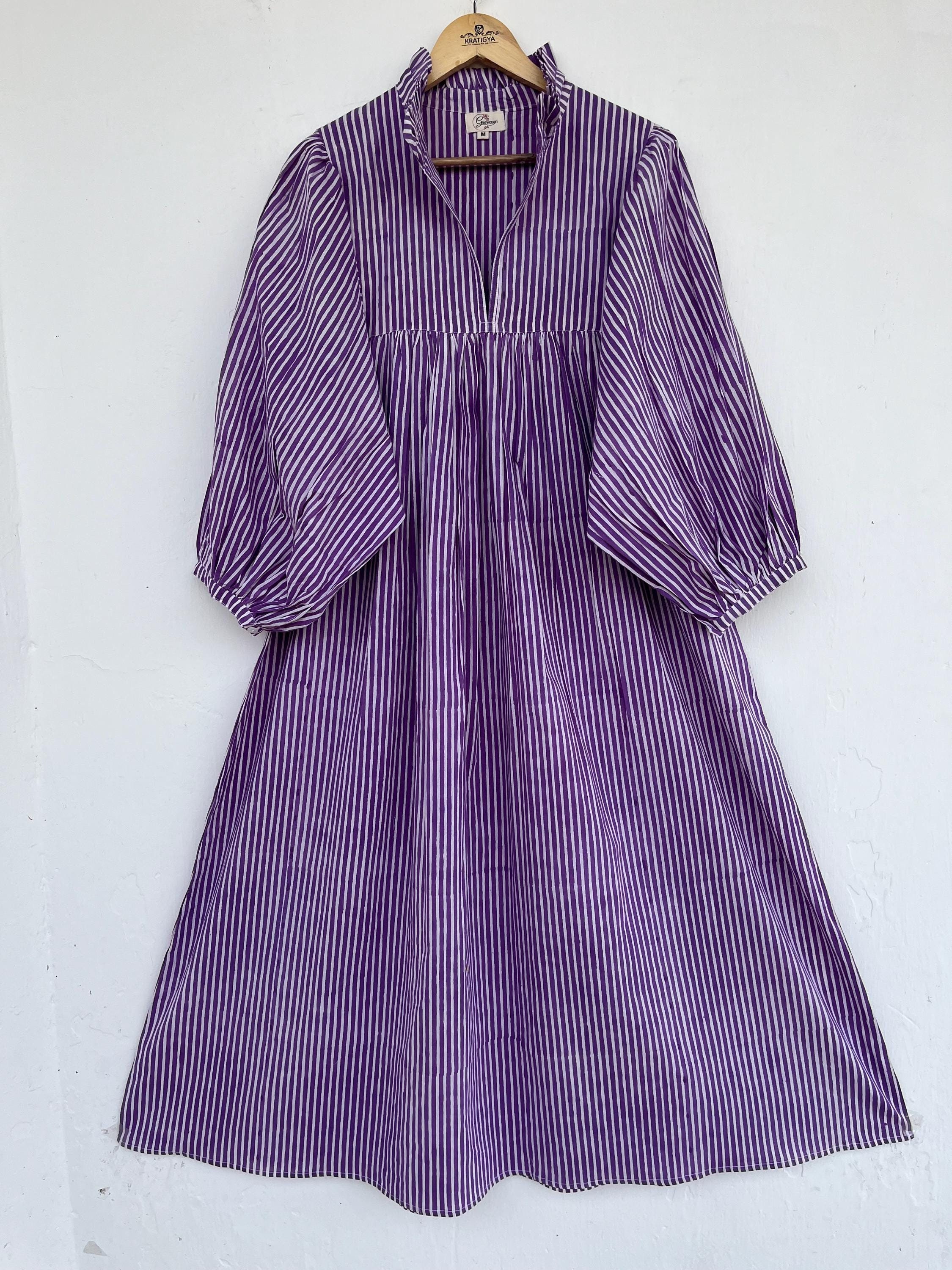 Purple stripe printed long maxi dress - v neckline maxi dress - 3/4th sleeve bohemian maxi dress