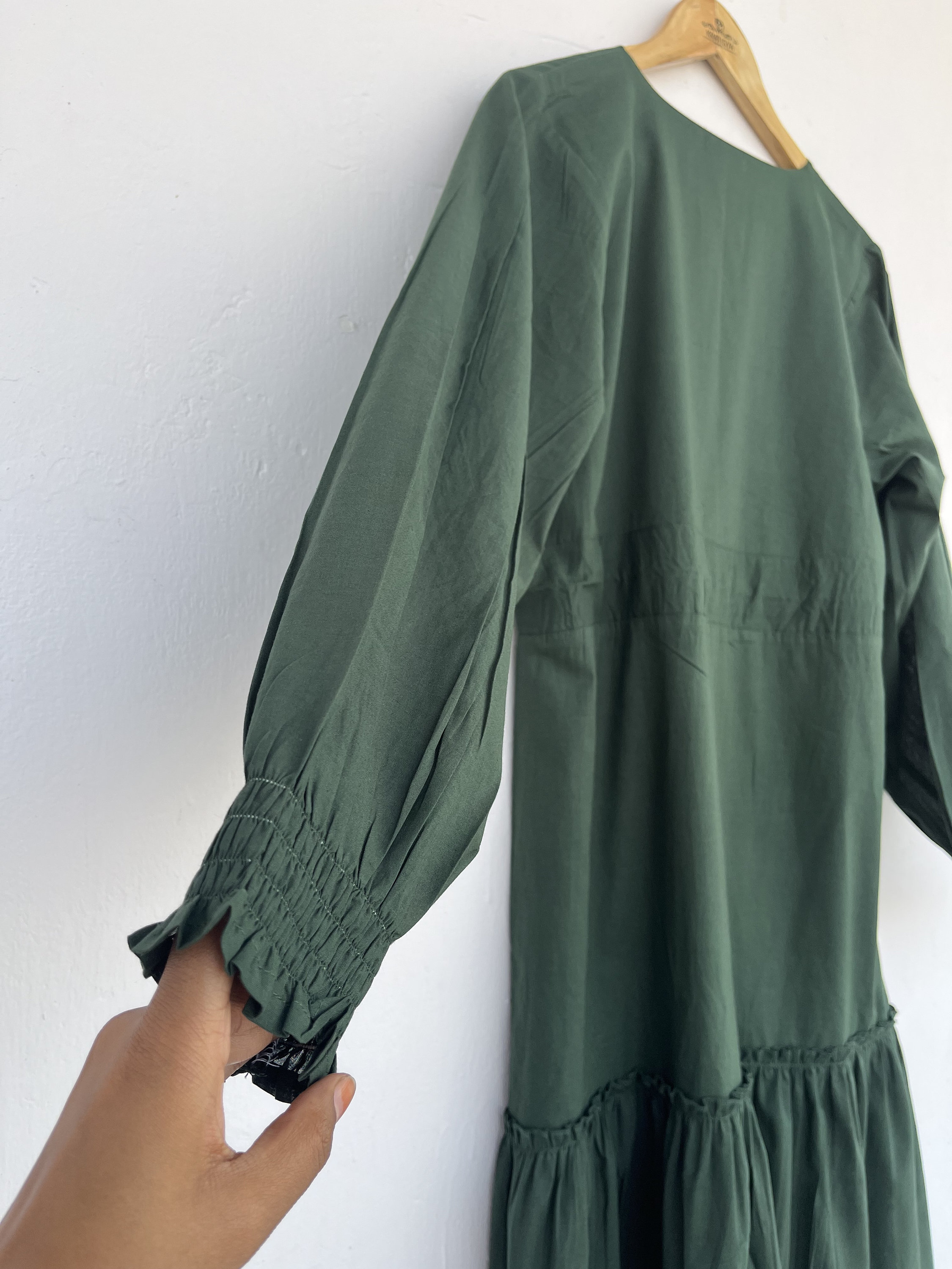 Deep Green Cotton Tiered Maxi Dress, Belted Gown, Autumn Clothing, Bohemian Dress, Spring Long Dress, XS / Dark Green