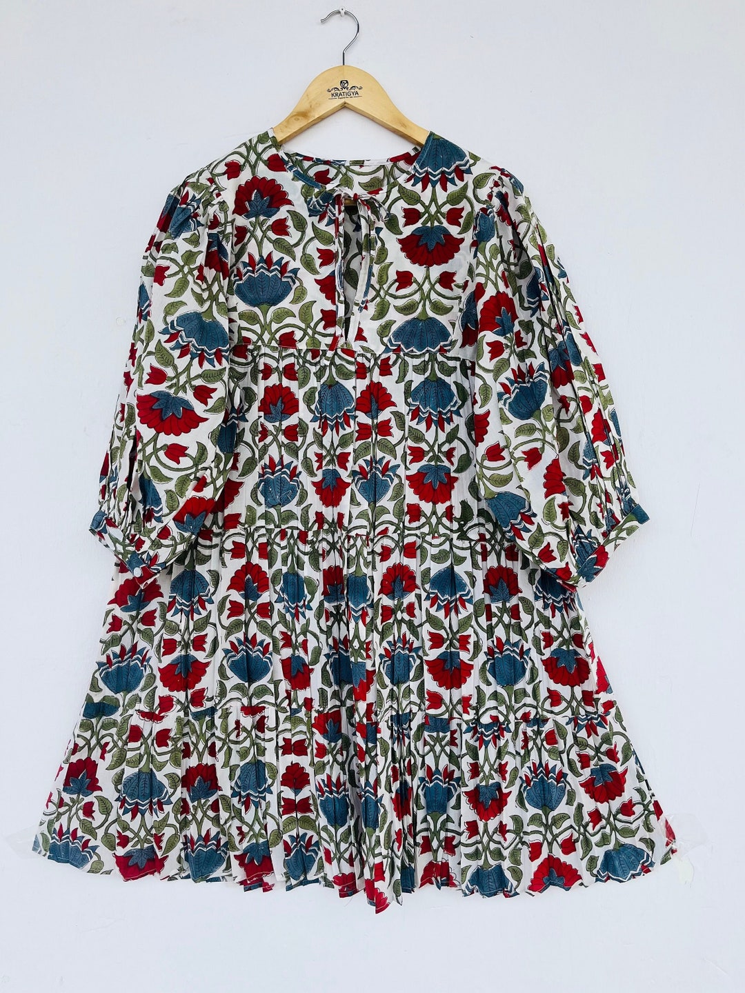 Block Print Dress Cotton Floral Printed Dress Bohemian Midi Dress