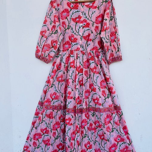 Maxi Block Print Boho Dress in Joyful Flower Hand Block Cotton- All Sizes - Plus Size Available