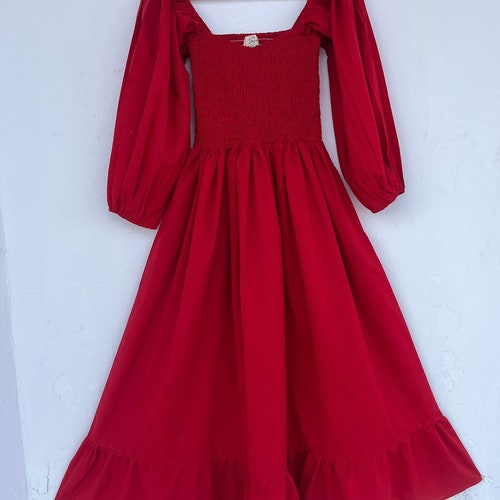 red shirred maxi dress Cotton Island Shirred Maxi Dress in Red Flame