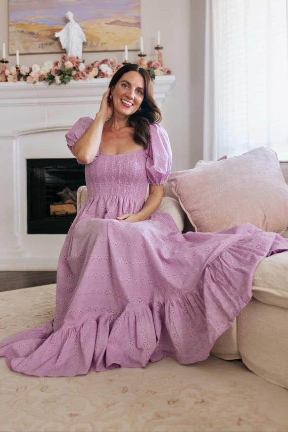 Lilac Eyelet Cotton Maxi Dress: Schiffli Embroidery Smocked Dress - Etsy Israel Lilac Eyelet Cotton Maxi Dress: Schiffli Embroidery Smocked Dress - Etsy Israel