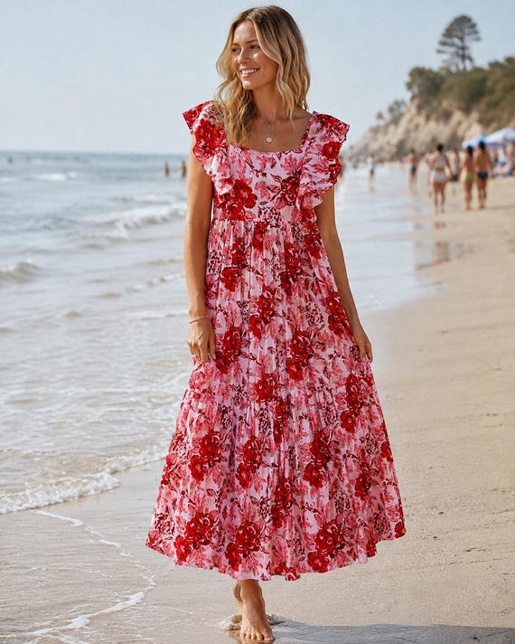 red floral boho maxi dress Dress, Maxi, 100% Cotton Block Print weekend getaways or relaxed
