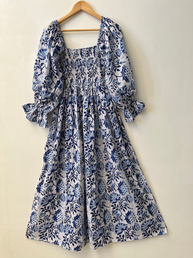 Blue printed maxi hand block print dress smocked maxi dress image 1