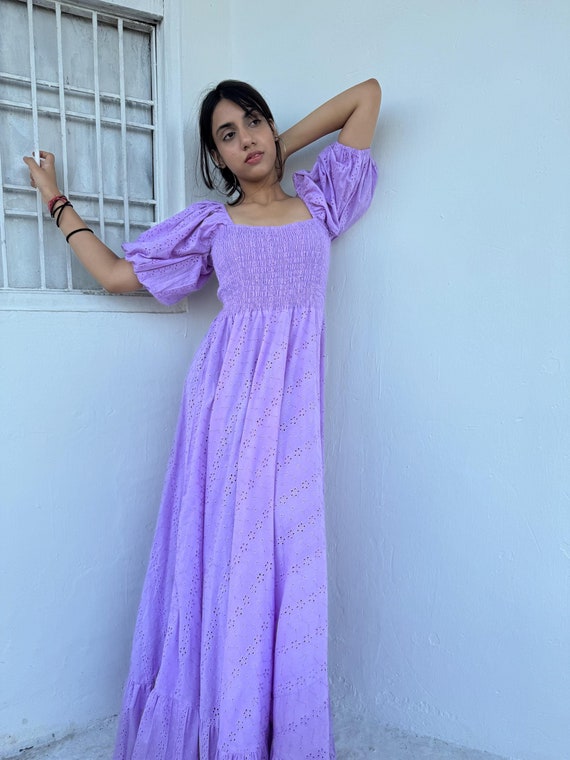 Lilac Eyelet Cotton Maxi Dress: Smocked Embroidery Lace