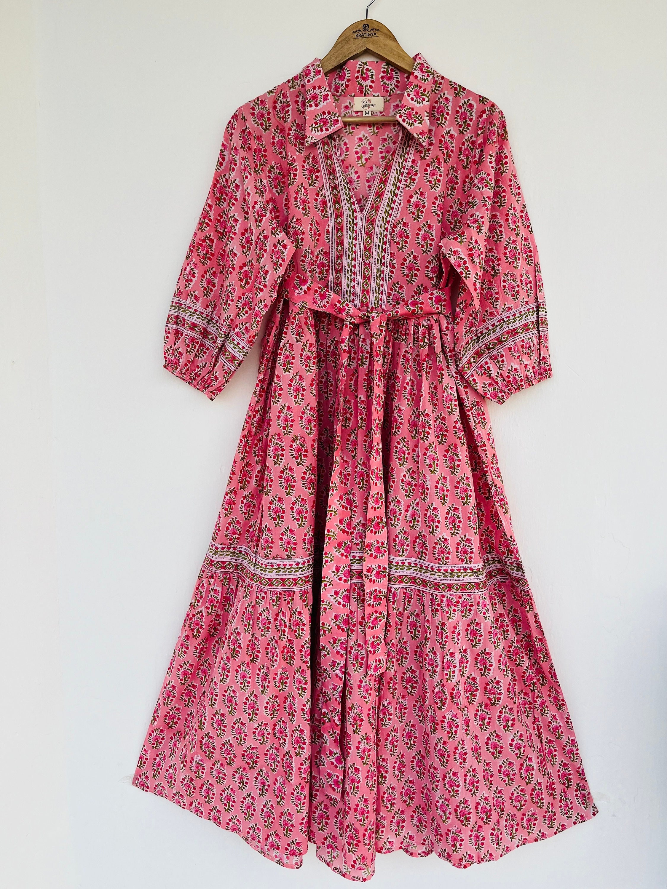 Pure Cotton Maxi Dress - Indian Block Jaipur pink Print maxi dress - collar dress