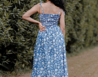 Hand Block Printed Long Maxi Dress | Summer One Piece | Strap Maxi