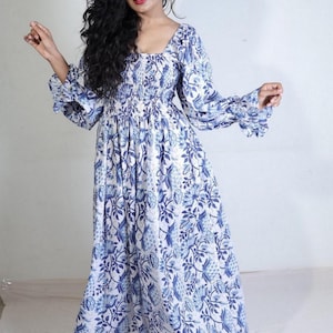Blue Hand block printed maxi | natural fiber dress | cotton bohemian dress | bobbin dresses