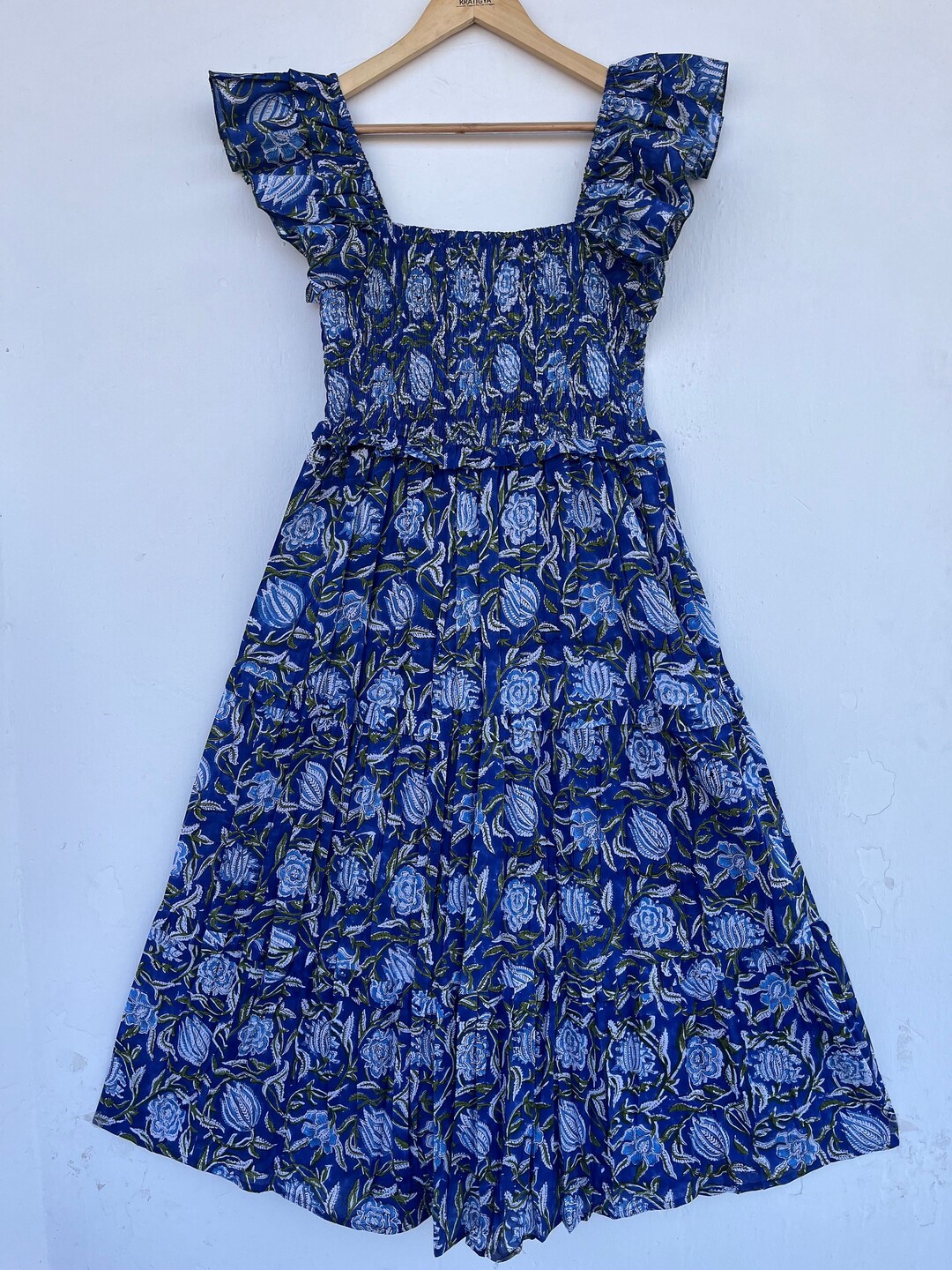 Blue Floral Hand Block Print Cotton Maxi Dress – Indian Boho Tiered Dress with Puff Sleeves