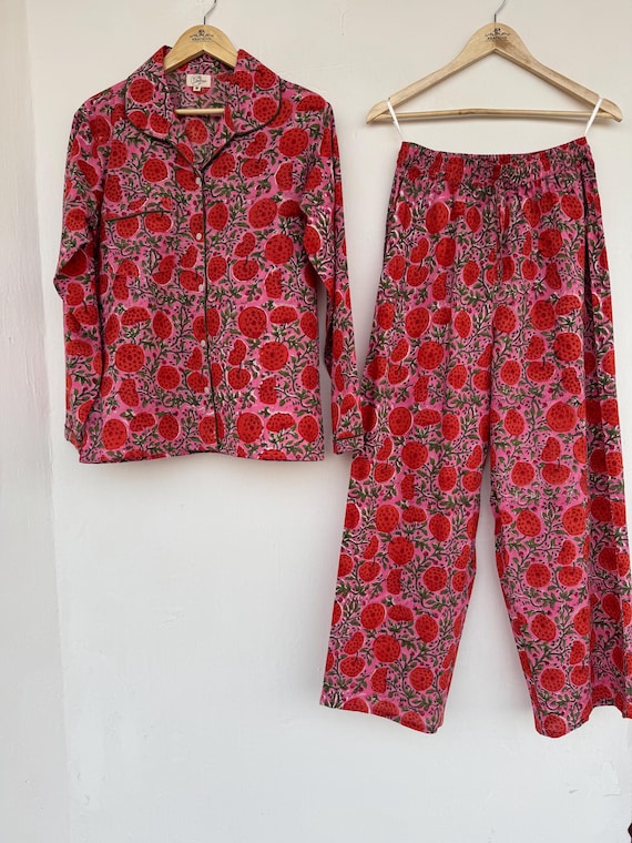 Hand Block Printed Cotton Pajama Set: Floral Women's Night Suit